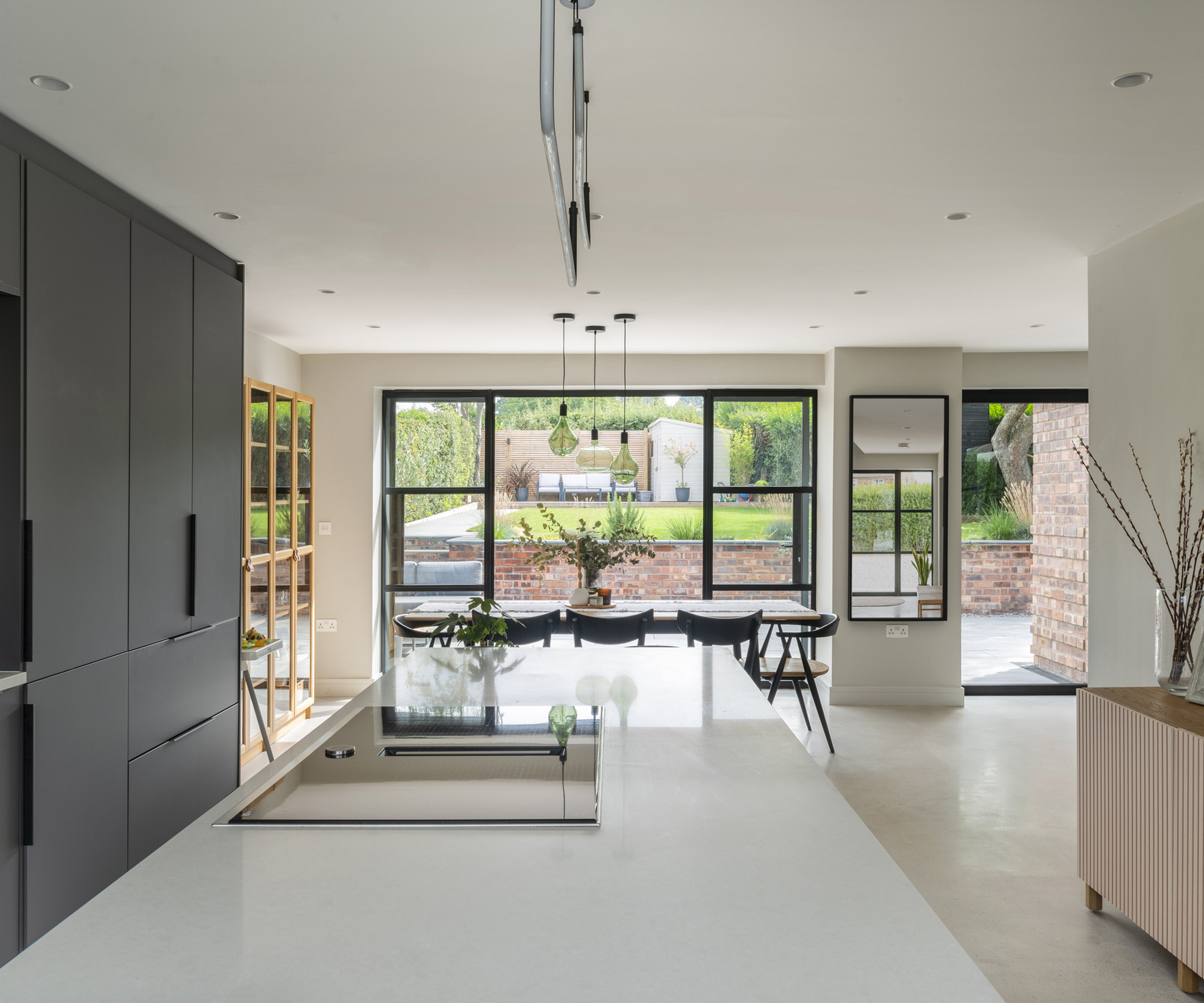 View of. a contemporary kitchen renovation with large crittal doors